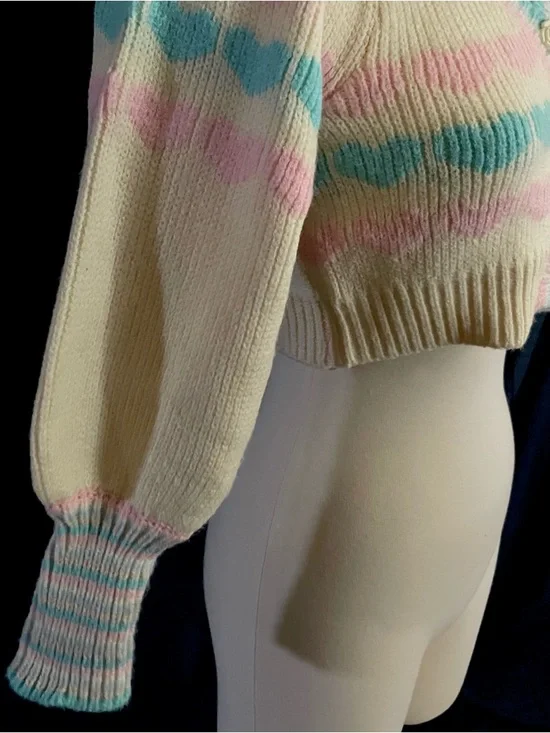 Cream Cropped Cardigan with Pink & Blue Heart Motif - Picture 4 of 4